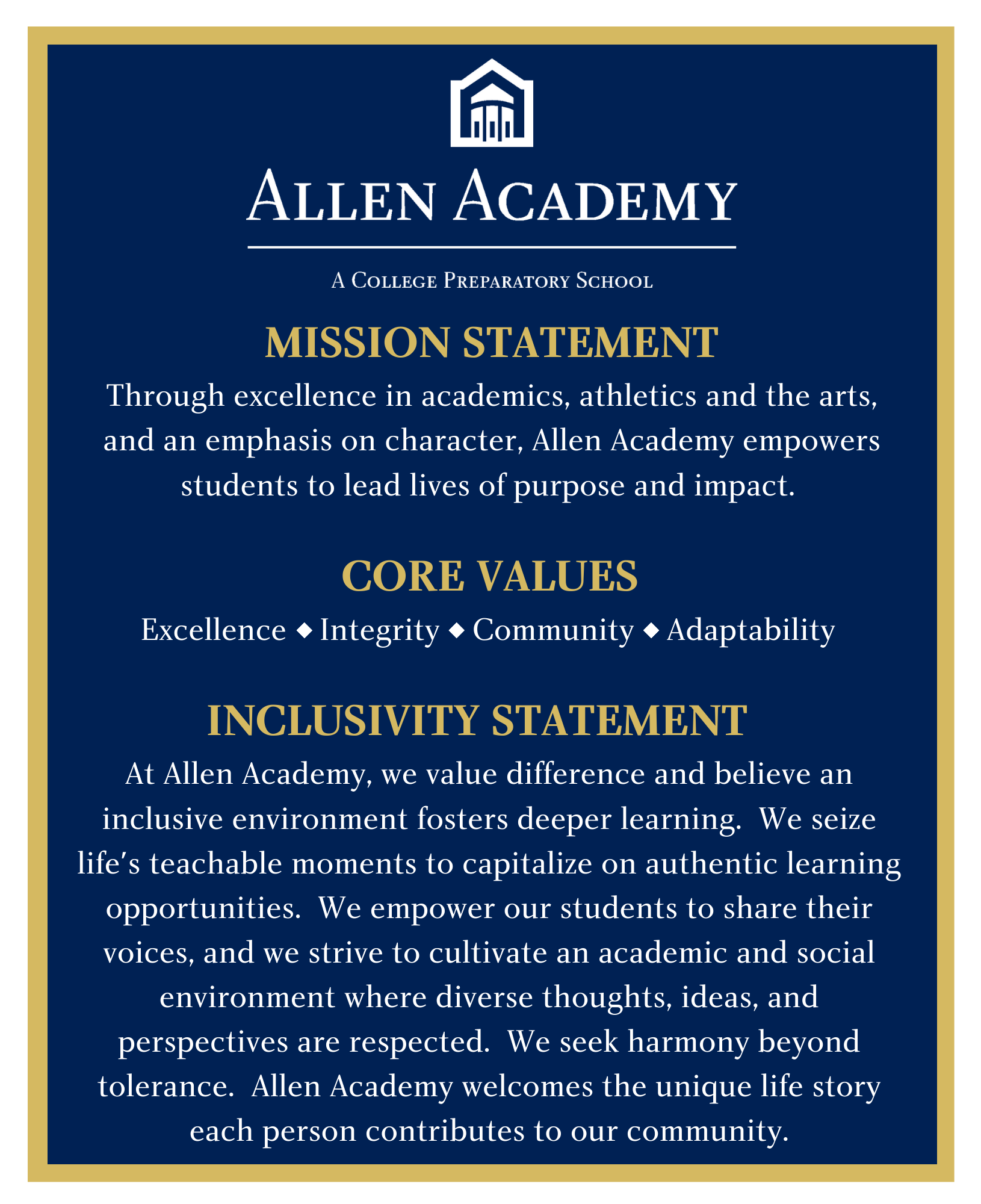 Educational Philosophy, Mission, & Values Allen Academy Bryan, TX